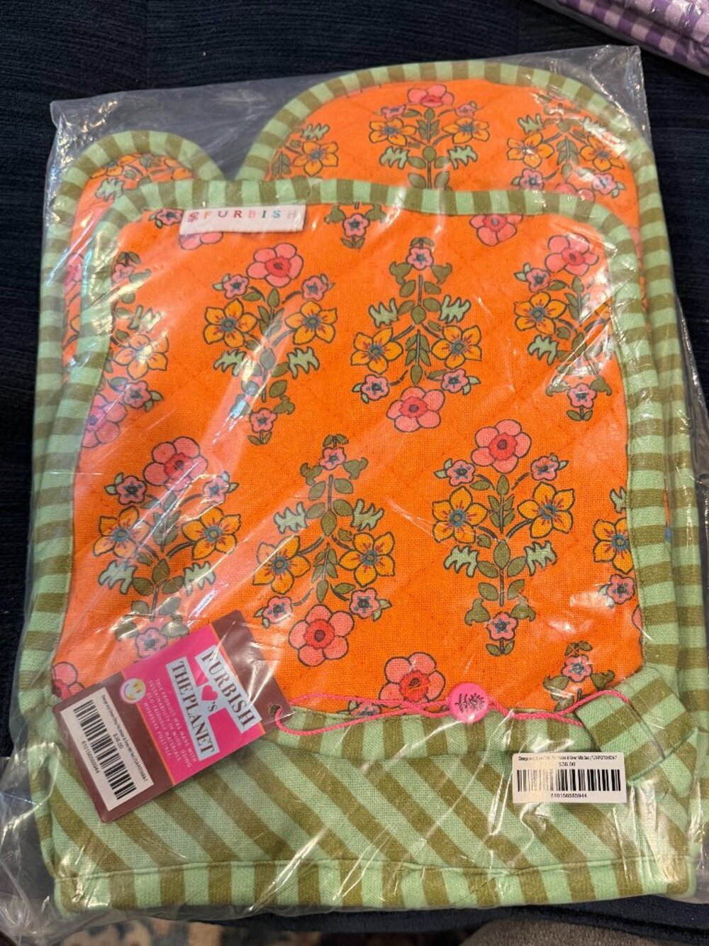 NWT - Furbish Studio Block Print Oven Mitt & Pot Holder Set - Orange and Green